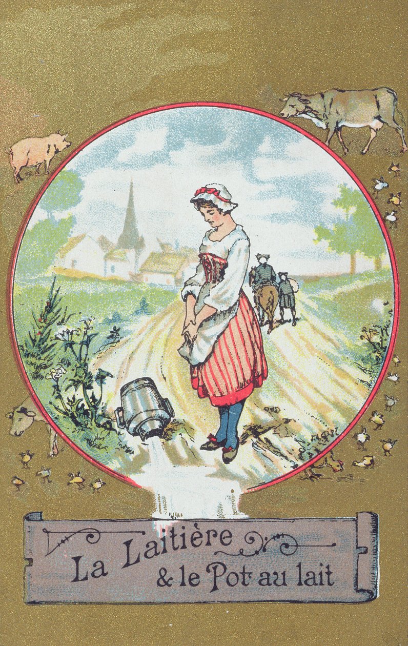 The Milkmaid and Her Pail (farge litho) av French School