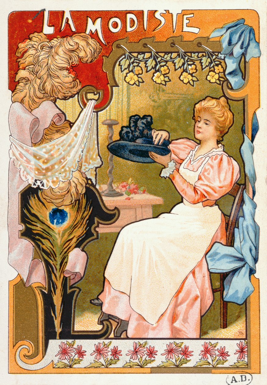 The Milliner, fra en serie litografier som skildrer forskjellige bransjer, 1899 av French School
