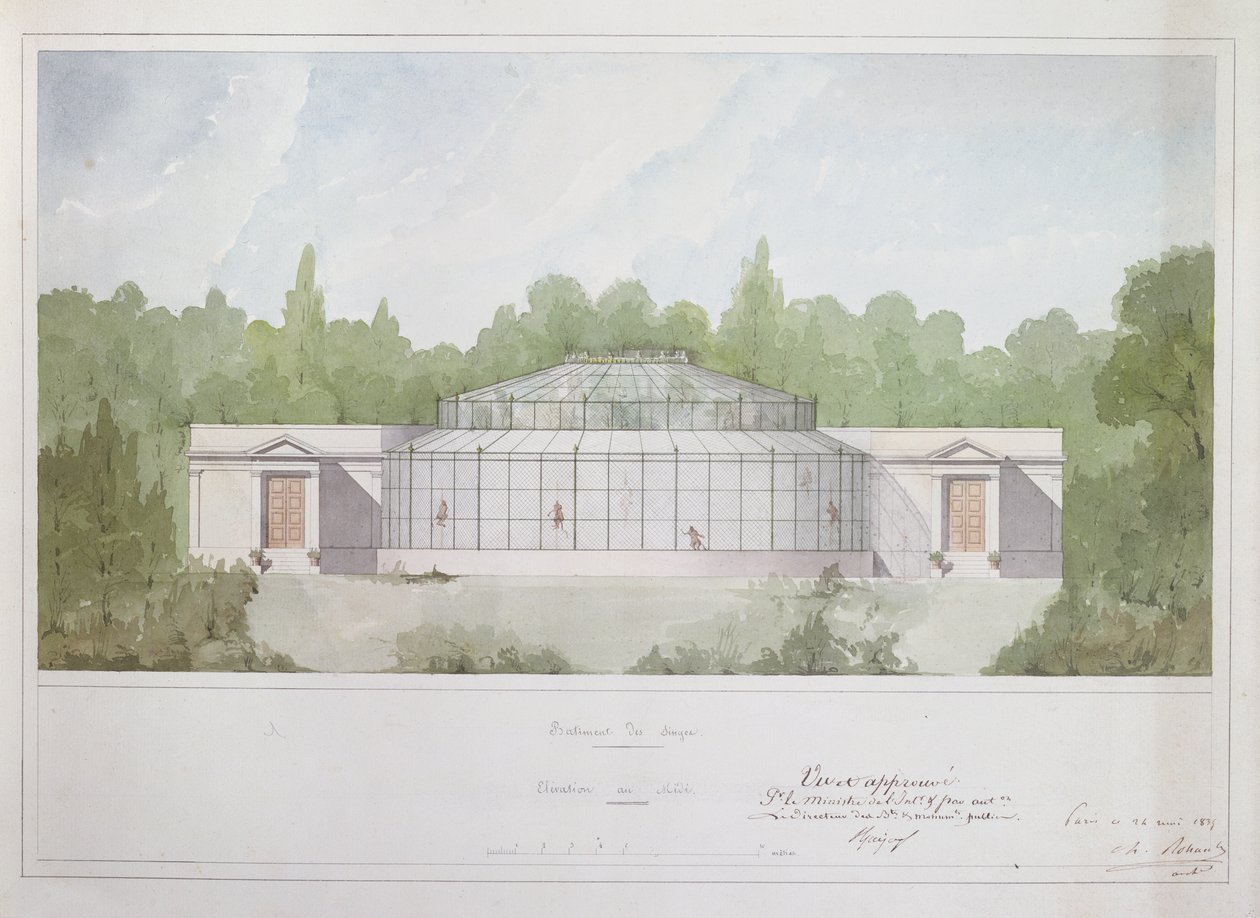 Apehuset ved Jardin des Plantes i Paris, 1835 (blekk og wc på papir) av French School