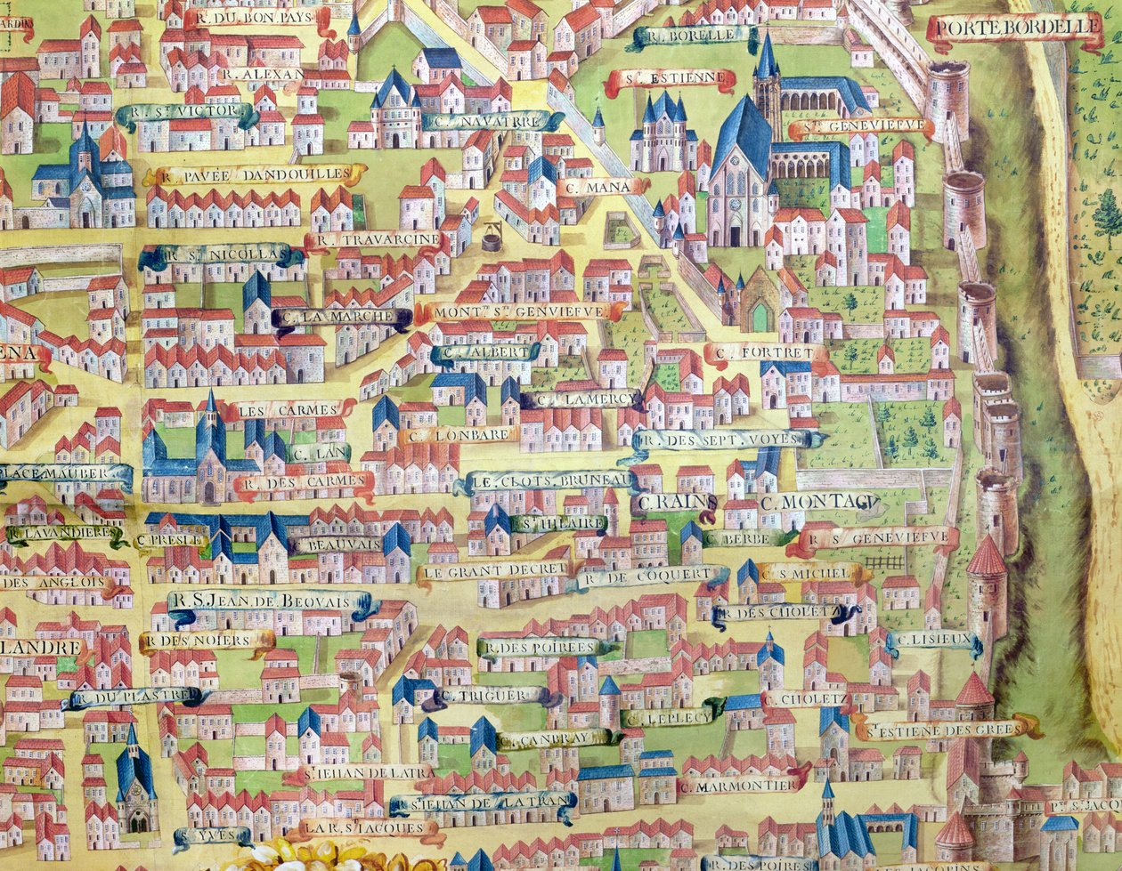 Montagne Sainte-Genevieve, detalj fra planen for Paris laget ca. 1540, kalt Plan de la Gouache, ca. 1860 av French School