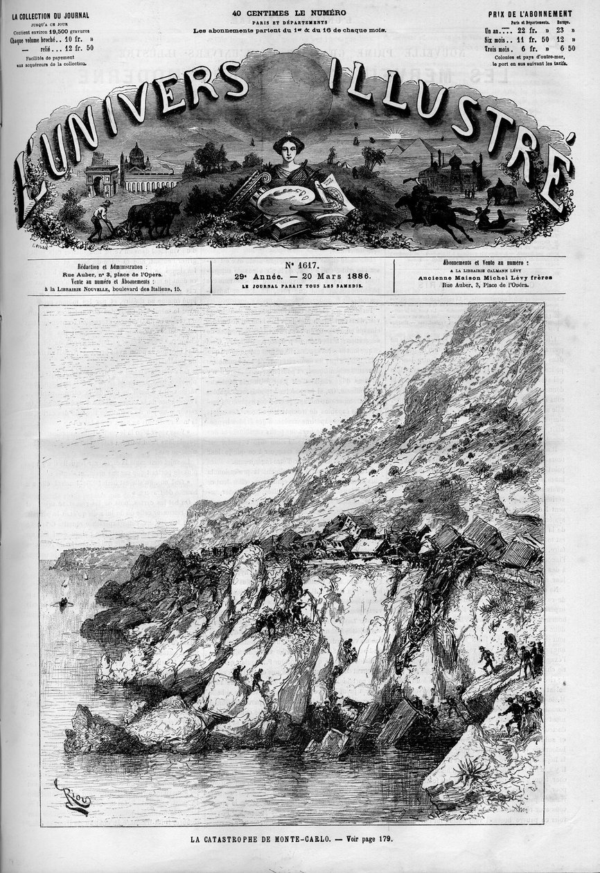 The Monte Carlo (Monte-Carlo) disaster: train accident on the railway line along the coast. A newspaper. Engraving in “” Le Monde Illustré”” av French School