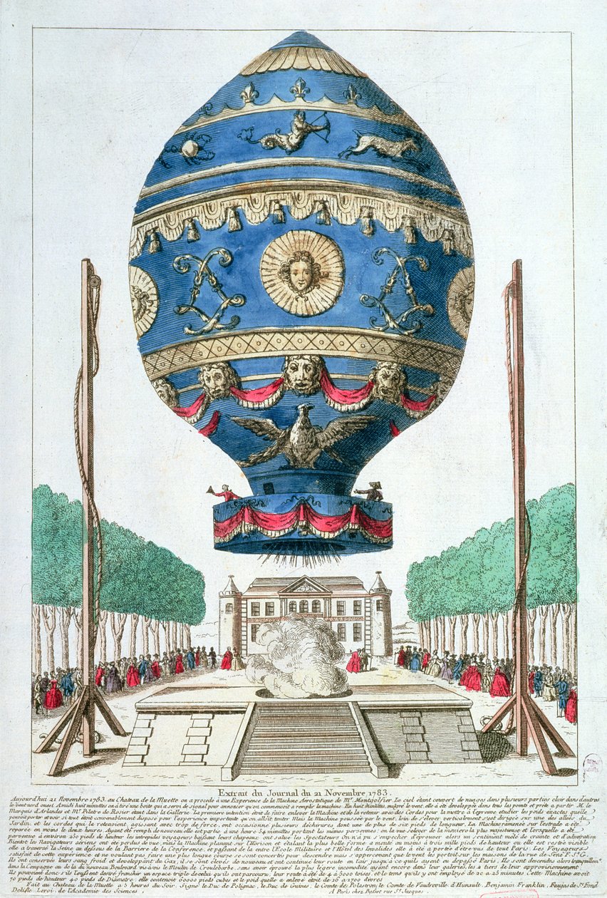 Montgolfier Brothers ballongeksperiment på Chateau de la Muette, 21. november 1783 av French School
