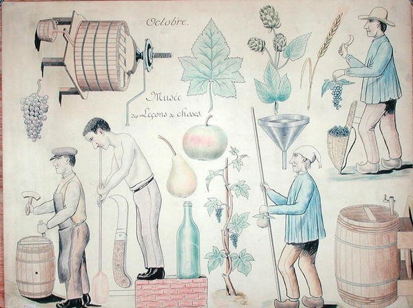 Oktober måned: Vinproduksjon (penn og blekk og fargeblyant på papir) av French School