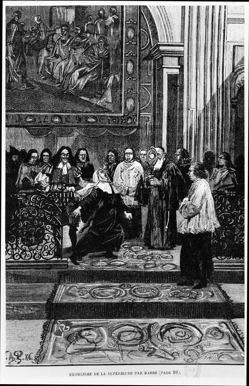 Mother Superior blir utvist av Barre, illustrasjon for de besatte av Loudun i Les Mysteres de la Science av Louis Figuier, 1886 av French School