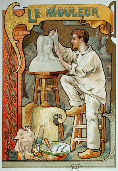 The Moulder, illustrasjon fra en bok om håndverk, ca. 1899 (farge litho) av French School