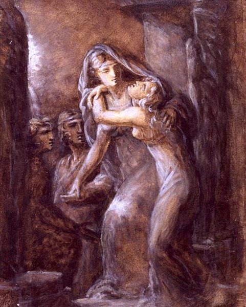 The Mourning Scene (akvarell og forhøyning på papir) av French School