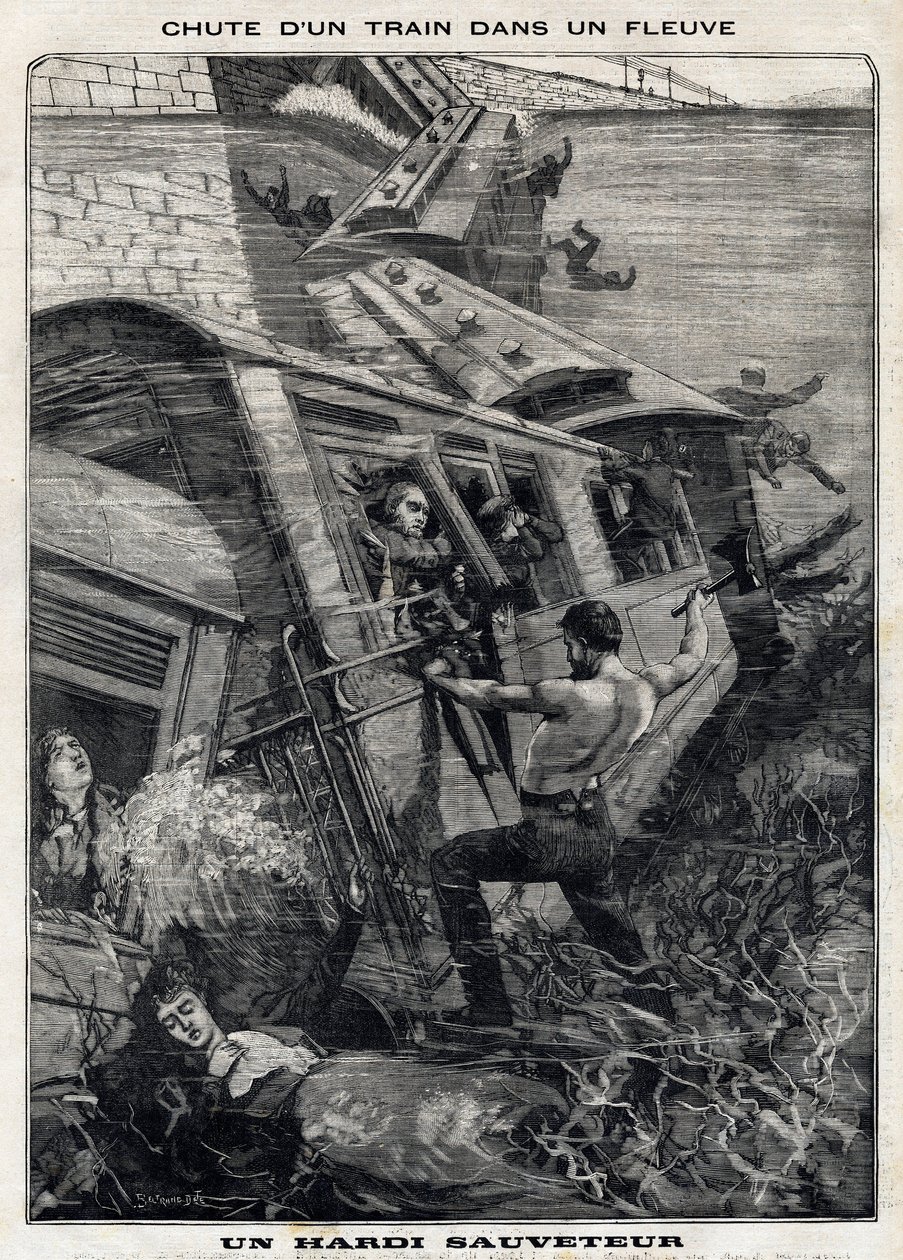The New York Buffalo train falls into a river in the United States: a man tries to save passengers at risk of drowning. In “” Le Peute Parisien”” on 7/11/1897. Private Collection av French School
