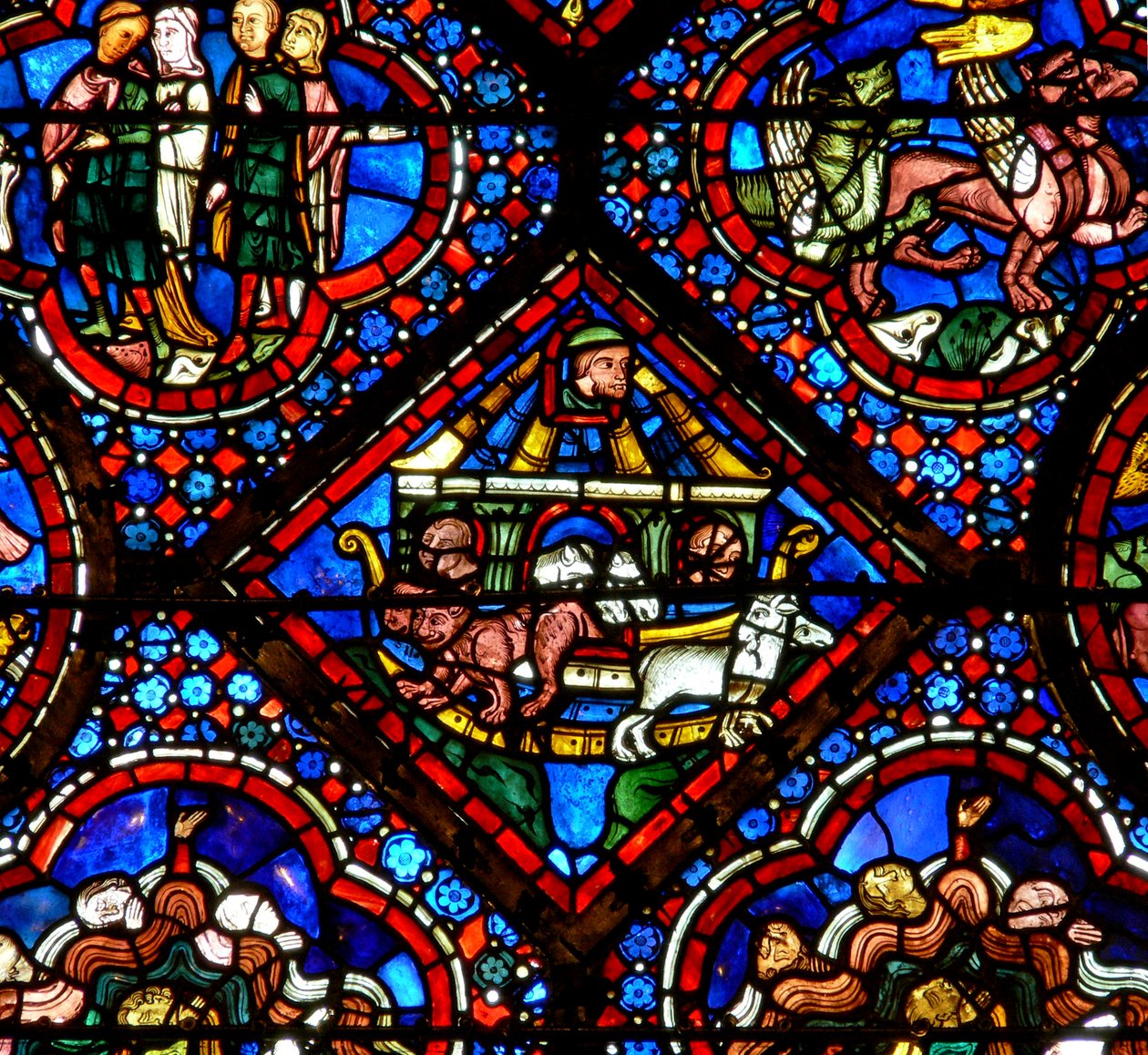 Noah-vinduet: Noah ser på dyrene når de forlater arken (w47) av French School