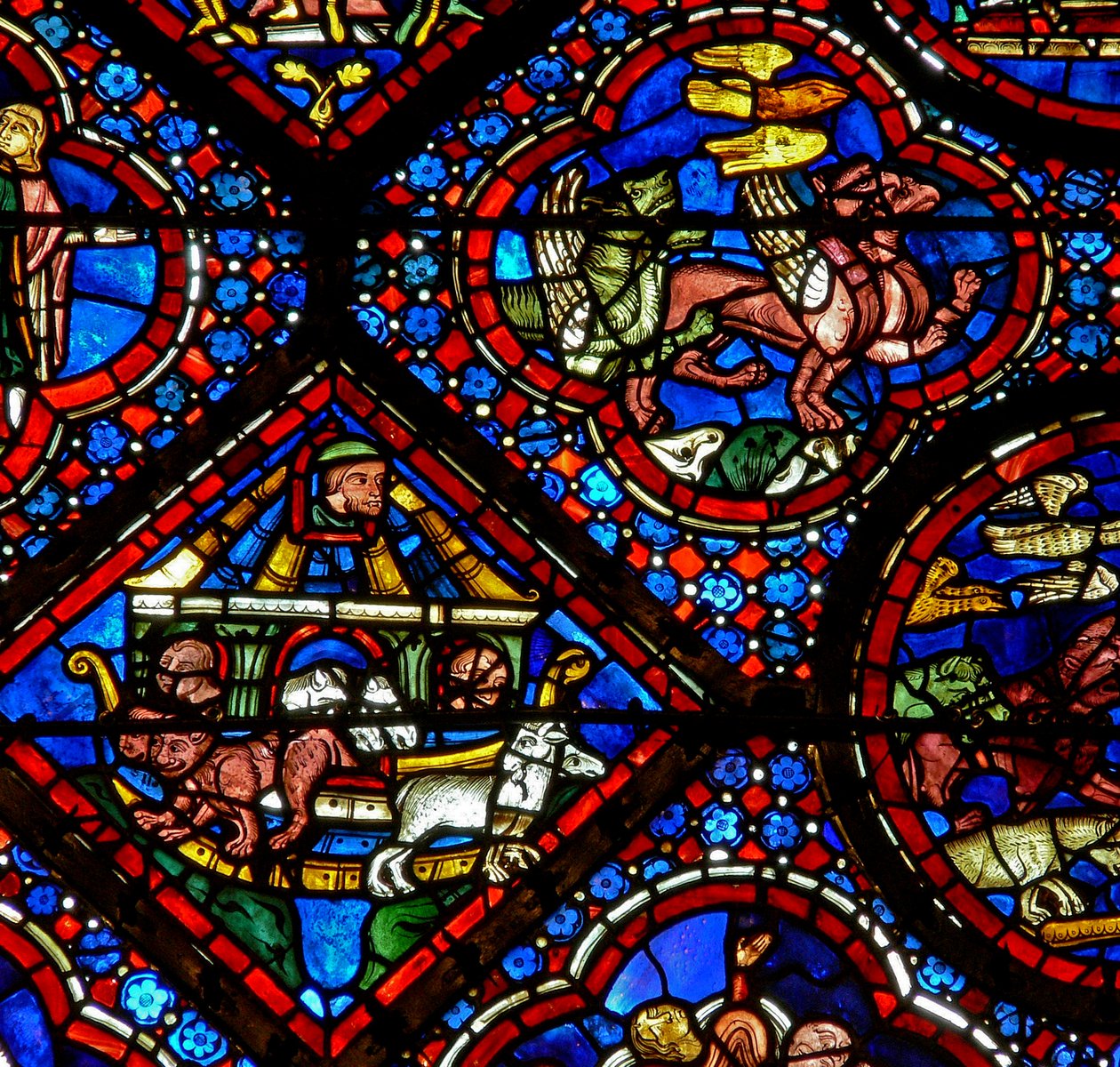 Noah-vinduet: Noah ser på dyrene når de forlater arken (w47) av French School
