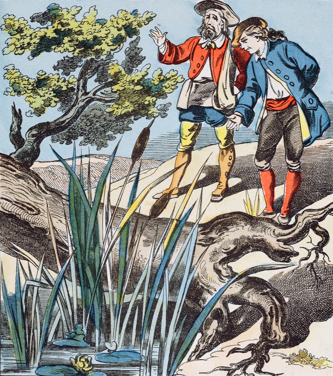 The Oak and the Reed, illustrasjon fra Fables de La Fontaine av French School