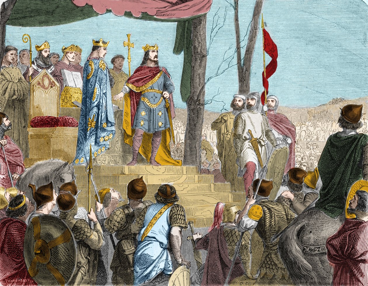 The Oaths of Strasbourg between Louis the German (876), ruler of East France, and his half-brother Charles the Bald (? 877), ruler of West Francia - Le oath de Strasbourg: traite de Verdun, 843. The sons of Louis the Pious divided the territory (the Caroli av French School