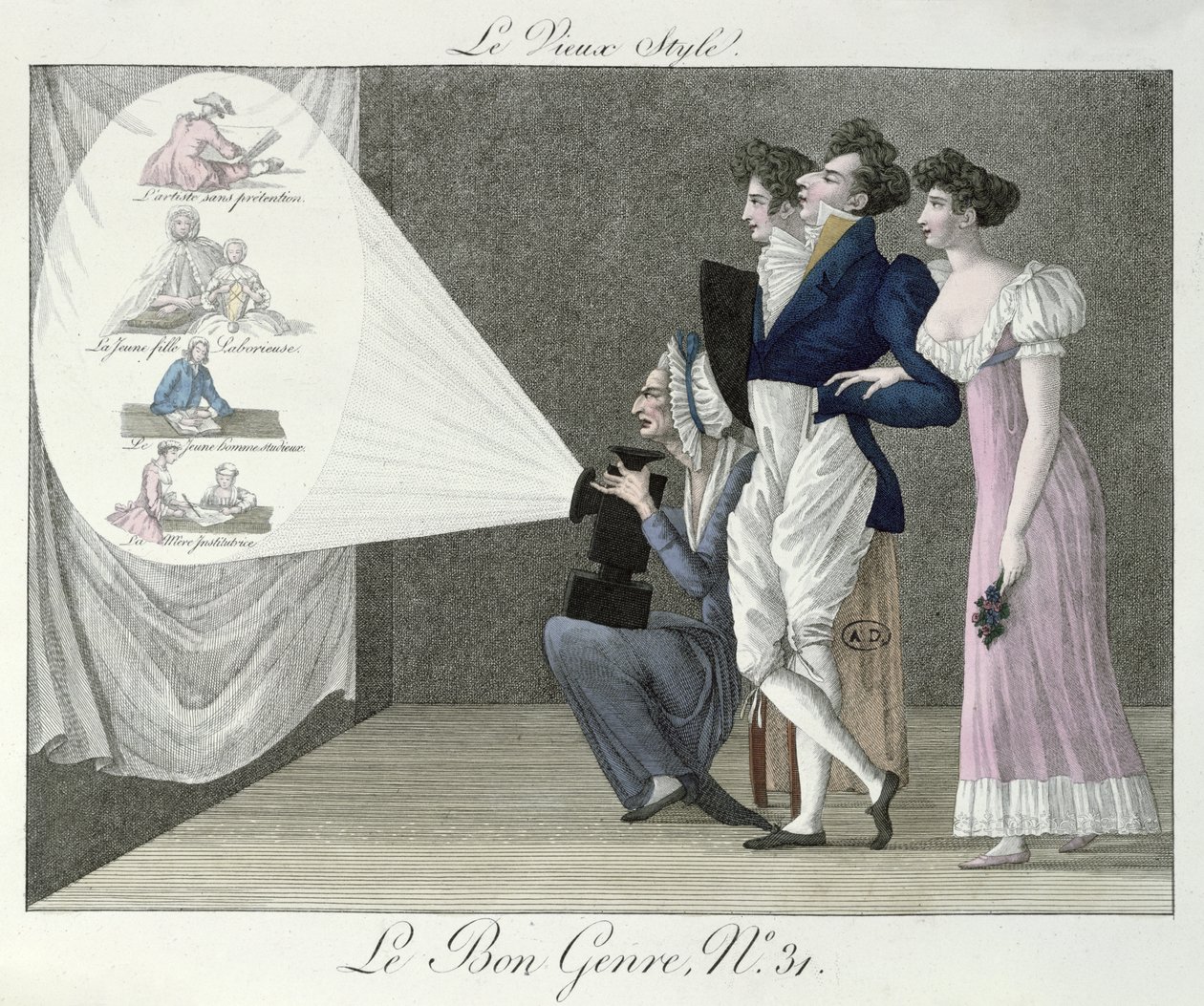 The Old Style, ser på en projeksjon av 1700-tallsbilder fra en magisk lanternefilm, illustrasjon fra Le Bon Genre av French School