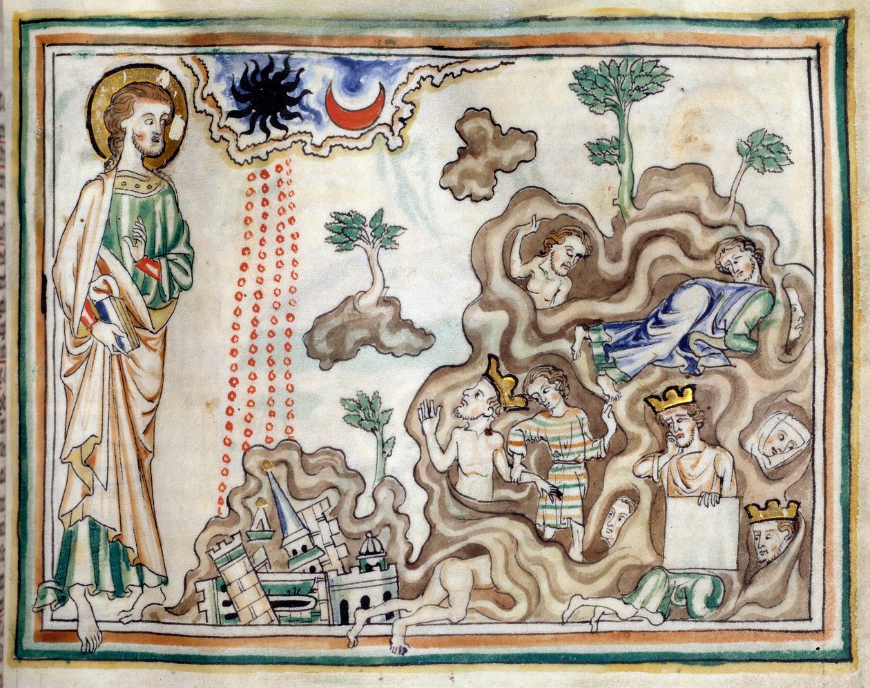 Åpningen av det sjette seglet: et jordskjelv finner sted og solen blir svart. Månen blir blodrød. konger, herrer og rike menn søker tilflukt i hulene" Miniatyr hentet fra "The Apocalypse of Cambrai""" opplyst av den franske skolen i det 13. av French School