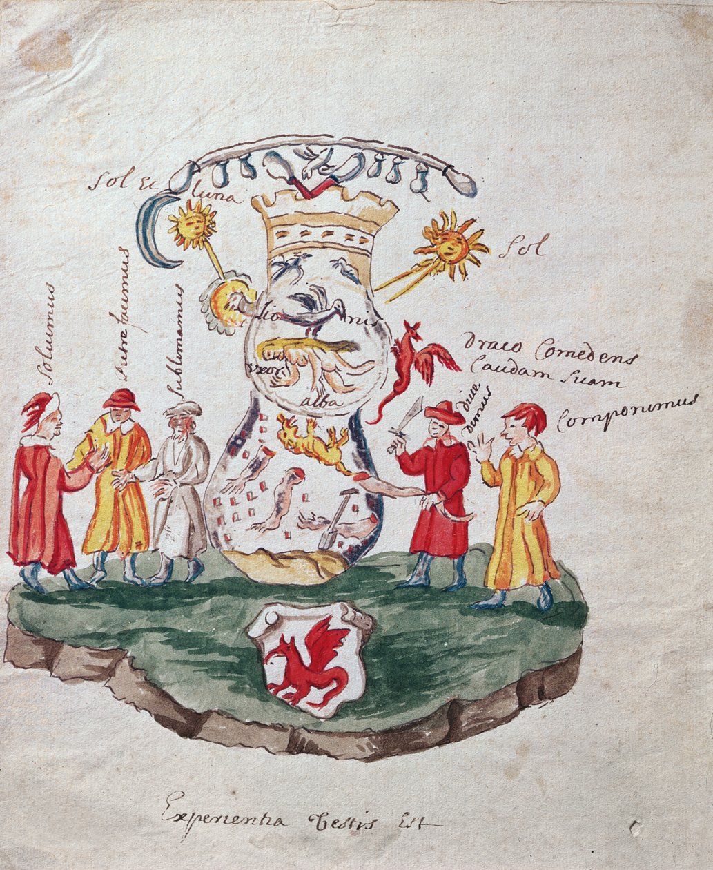 The Operations of Alchemy, illustrasjon fra La Cle de la Grande Science om det ukjente filosofiske arbeidet (blekk og wc på papir) av French School