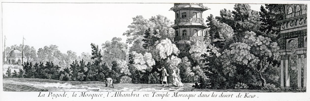 Pagoden, moskeen og Alhambra eller det mauriske tempelet i Kew, fra Jardins Anglo-Chinois a la Mode, av George Louis le Rouge, utgitt 1775-78 av French School