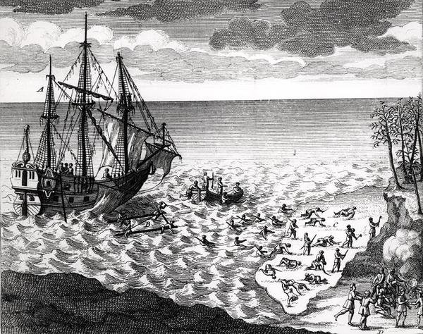 Pelikanen som synker nær kysten, fra Histoire de lAmerique septentrionale av Bacqueville de La Potherie (1663-1736) utgitt i 1753 av French School