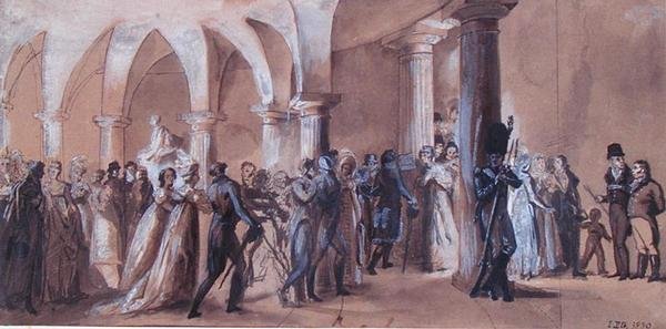 Peristyle ved Theatre Francais, ca. 1822 (farge litho) av French School