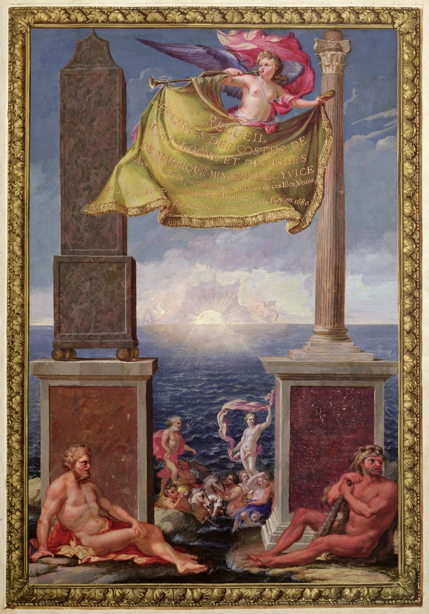 The Pillars of Hercules, frontispice av en samling kart over Catalonia og Balearene av Pene, 1680 (fargegravering) av French School