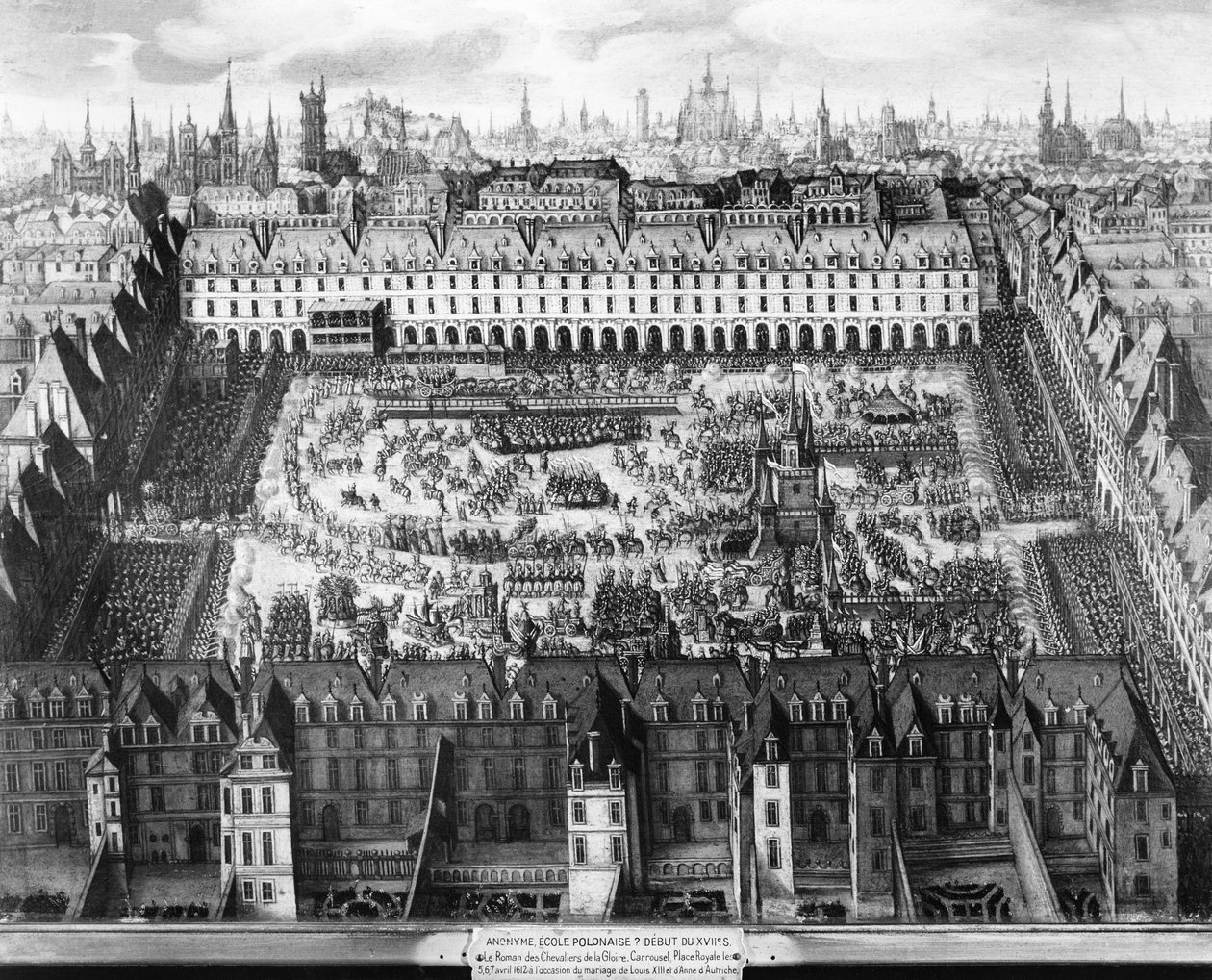 The Place Royale and the Carrousel i 1612 (gravering) av French School