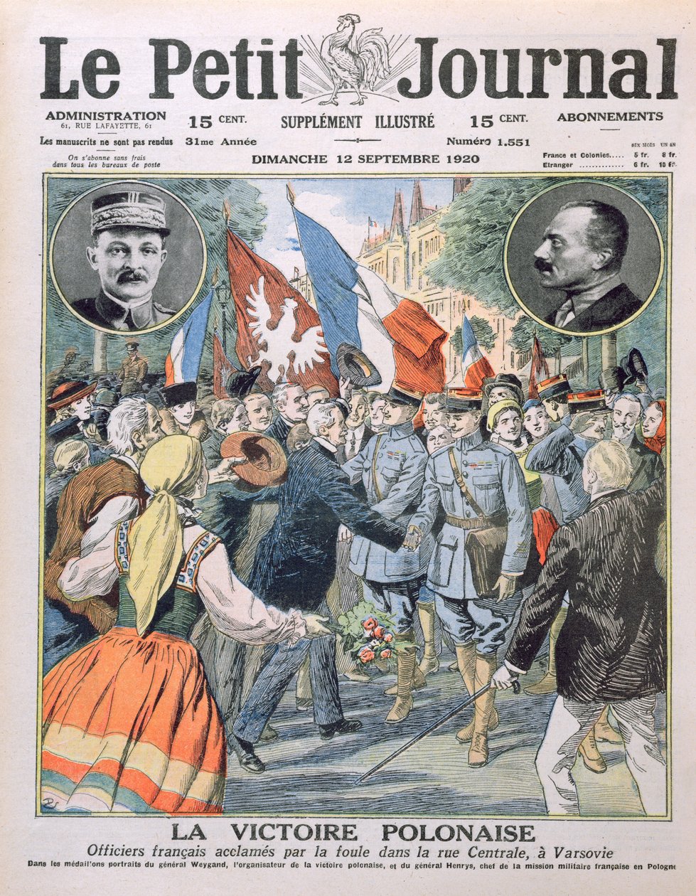 Den polske seieren, franske offiserer som ble hyllet av mengden i Central Street i Warszawa, forsideillustrasjon av Le Petit Journal, 12. september 1920 av French School