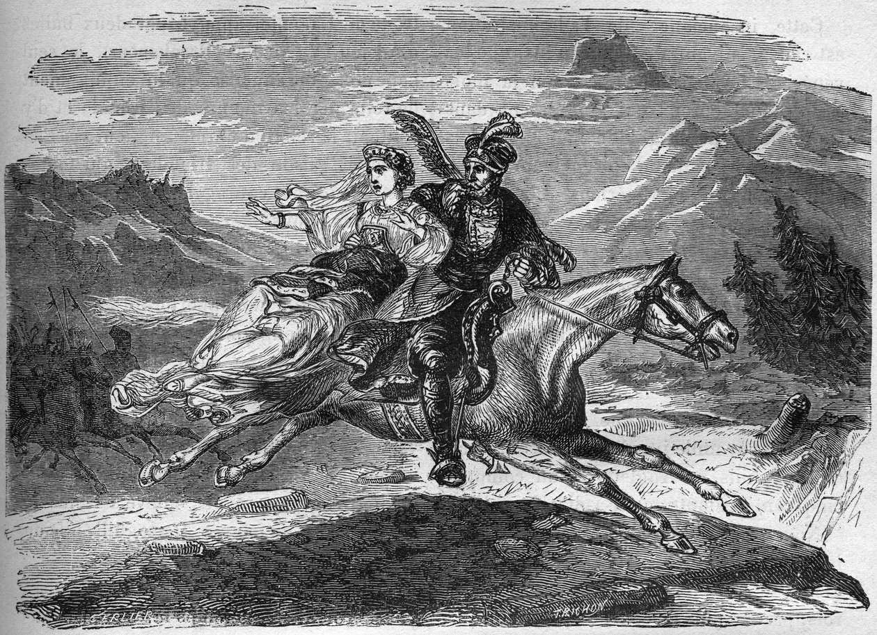 Den polske legenden om prinsesse Heligonde og grev av Tyniec Walgerz. De to forelskede elskerne flykter til Polen. Inngravering i "Prostitusjonens og utskeielsens historie blant alle verdens folkeslag fra antikken til i dag" av Dr. Th. -F. Debray. av French School