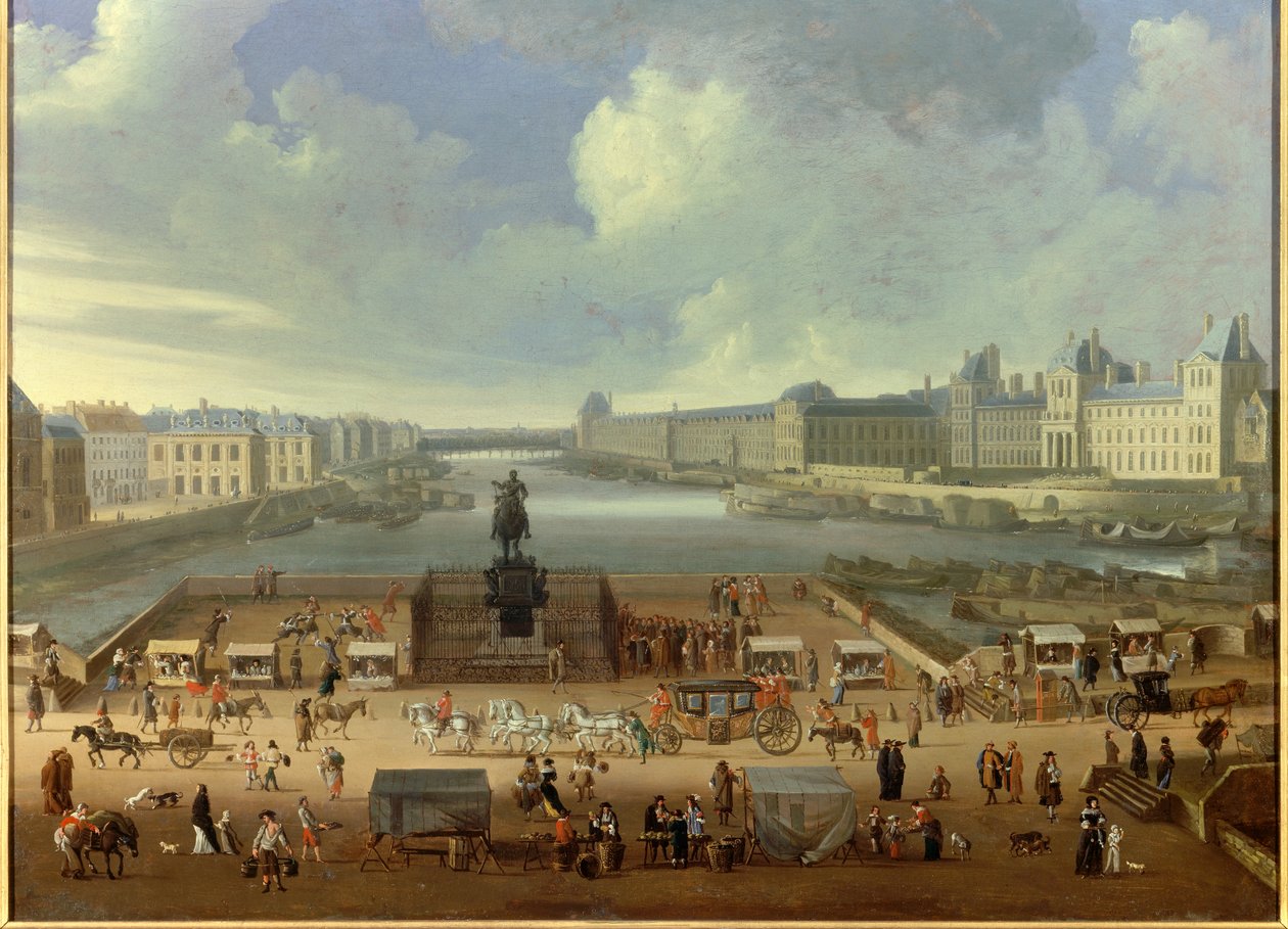 Pont Neuf sett fra inngangen til Place Dauphine, Quai Malaquais, College of Four Nations, det store galleriet og Louvre. Anonymt maleri av French School