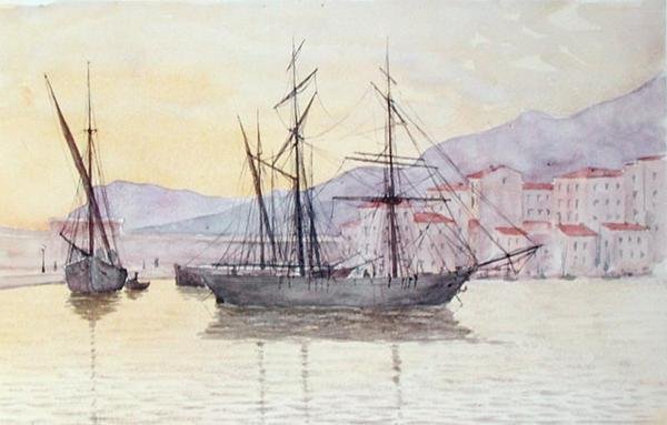 The Port of Menton (akvarell på papir) av French School