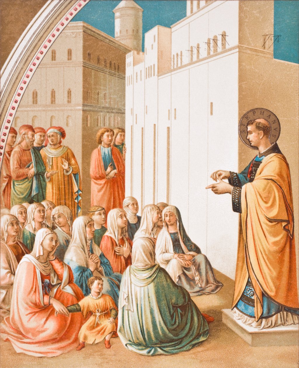 The Preaching of St.Stephen, etter freskomaleriet av Fra Angelico, fra Science and Literature in The Middle Ages av Paul Lacroix pub. London 1878 av French School