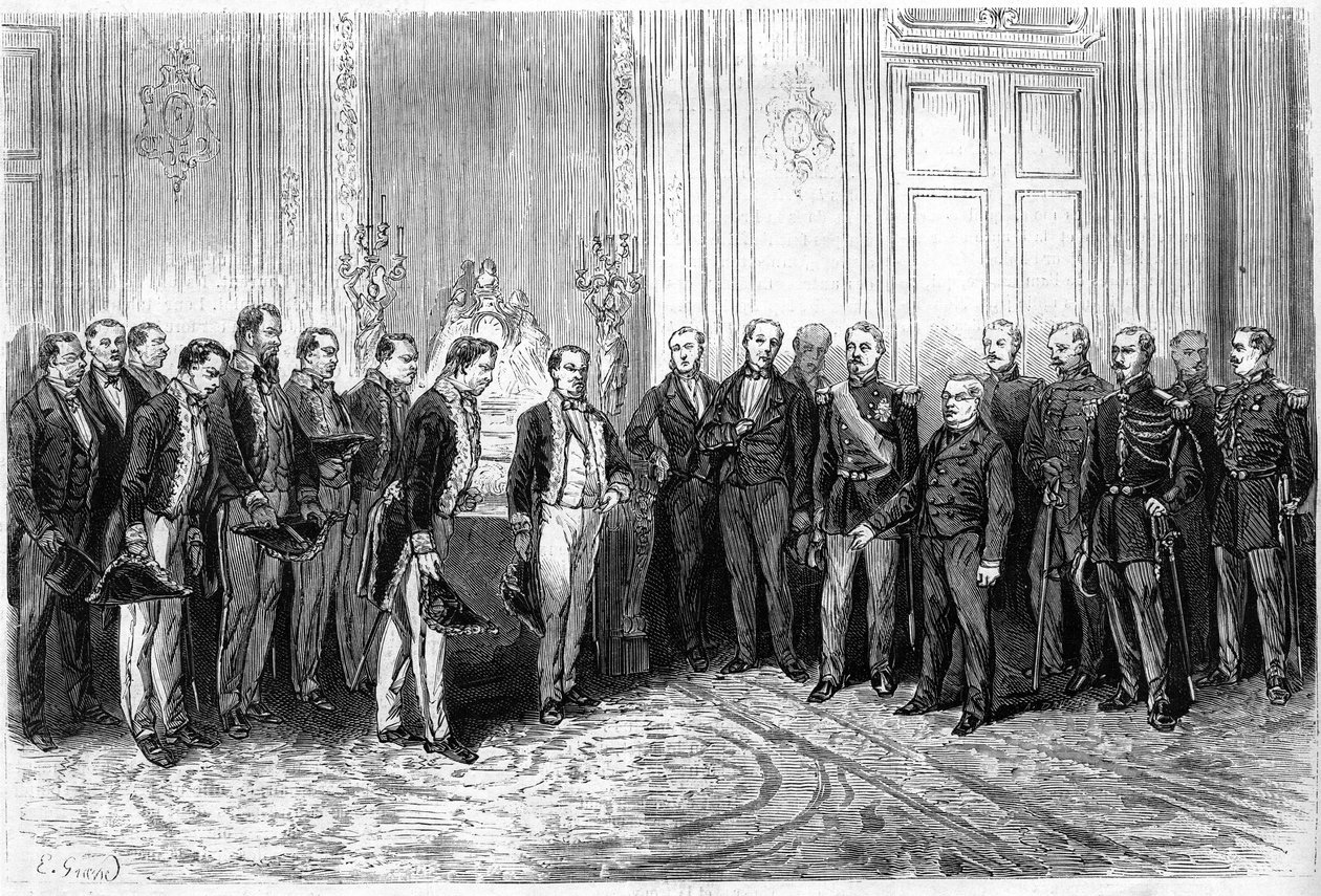 Presidenten for den franske republikk Adolphe Thiers (1797-1877) mottok japanske ambassadører ved Elysee-palasset. Gravering i "" Le Monde Illustré"" nr. 821 av 4. januar av French School