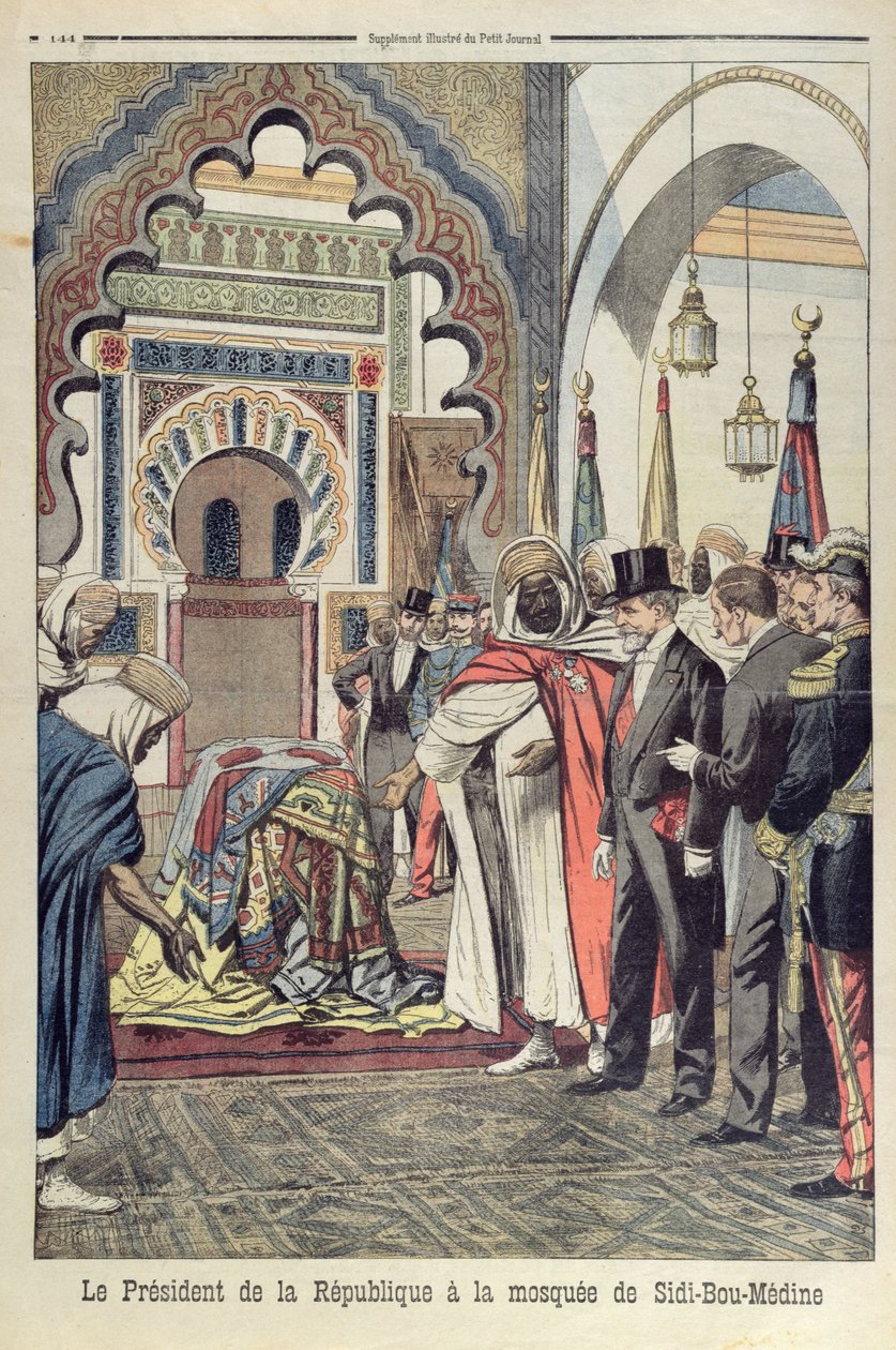 Presidenten for den franske republikk, Emile Loubet (1838-1929) på besøk i moskeen Sidi Bou Medine, Tlemcen, Algerie, illustrasjon fra Le Petit Journal, 3. mai 1903 av French School