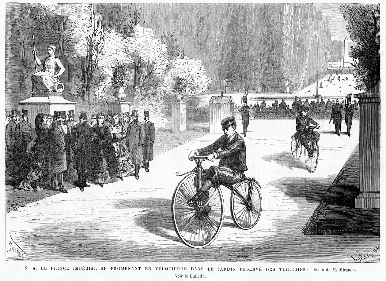 Prince Imperial, overvåket av foreldrene hans, keiseren og keiserinnen, viser sine ferdigheter i å sykle på en Michaux velocipede i Tuileries Gardens, Paris, 1869 av French School