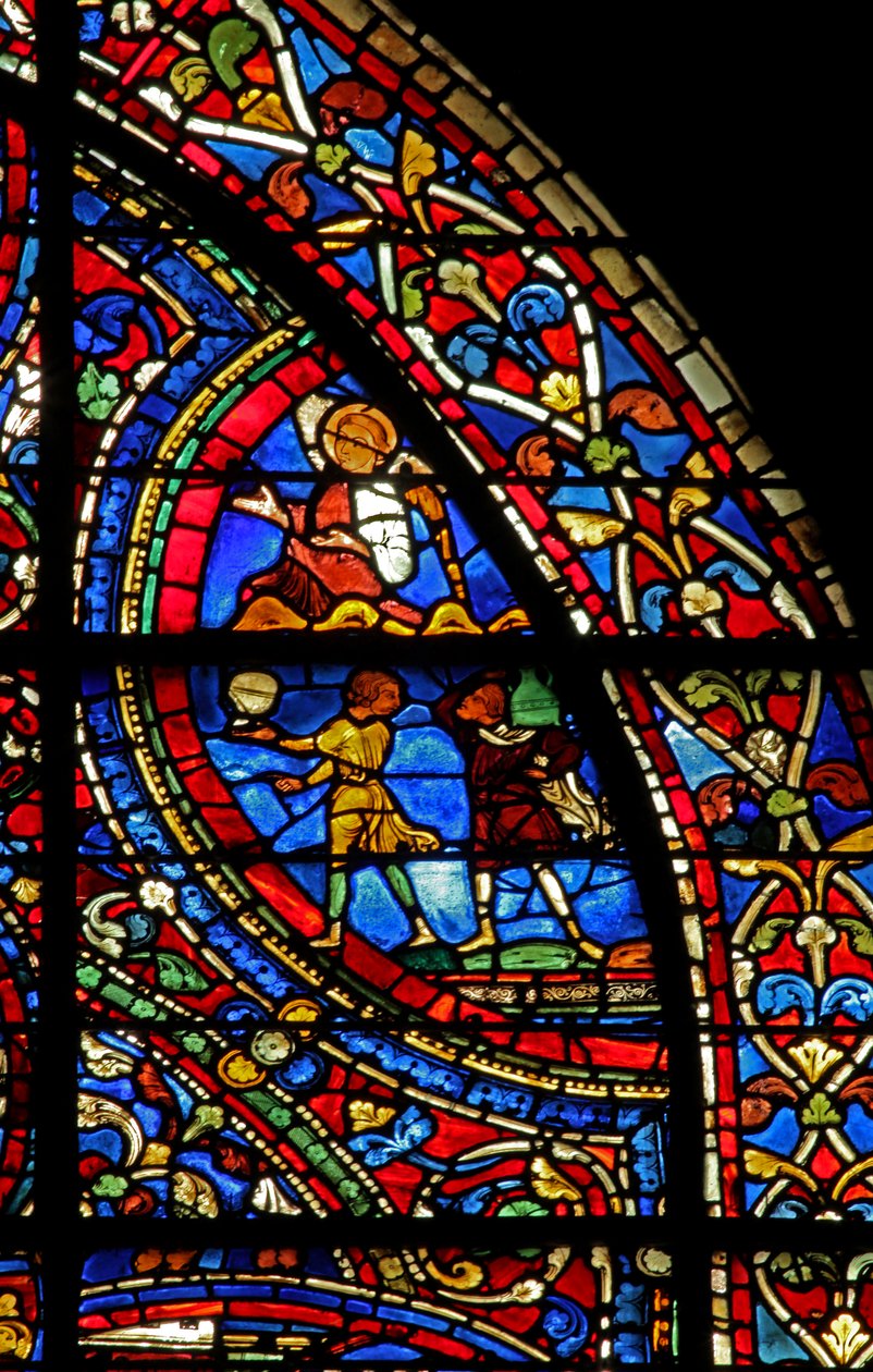 The Prodigal Son-vinduet: butlere serverer måltidet; en engel (w35) av French School