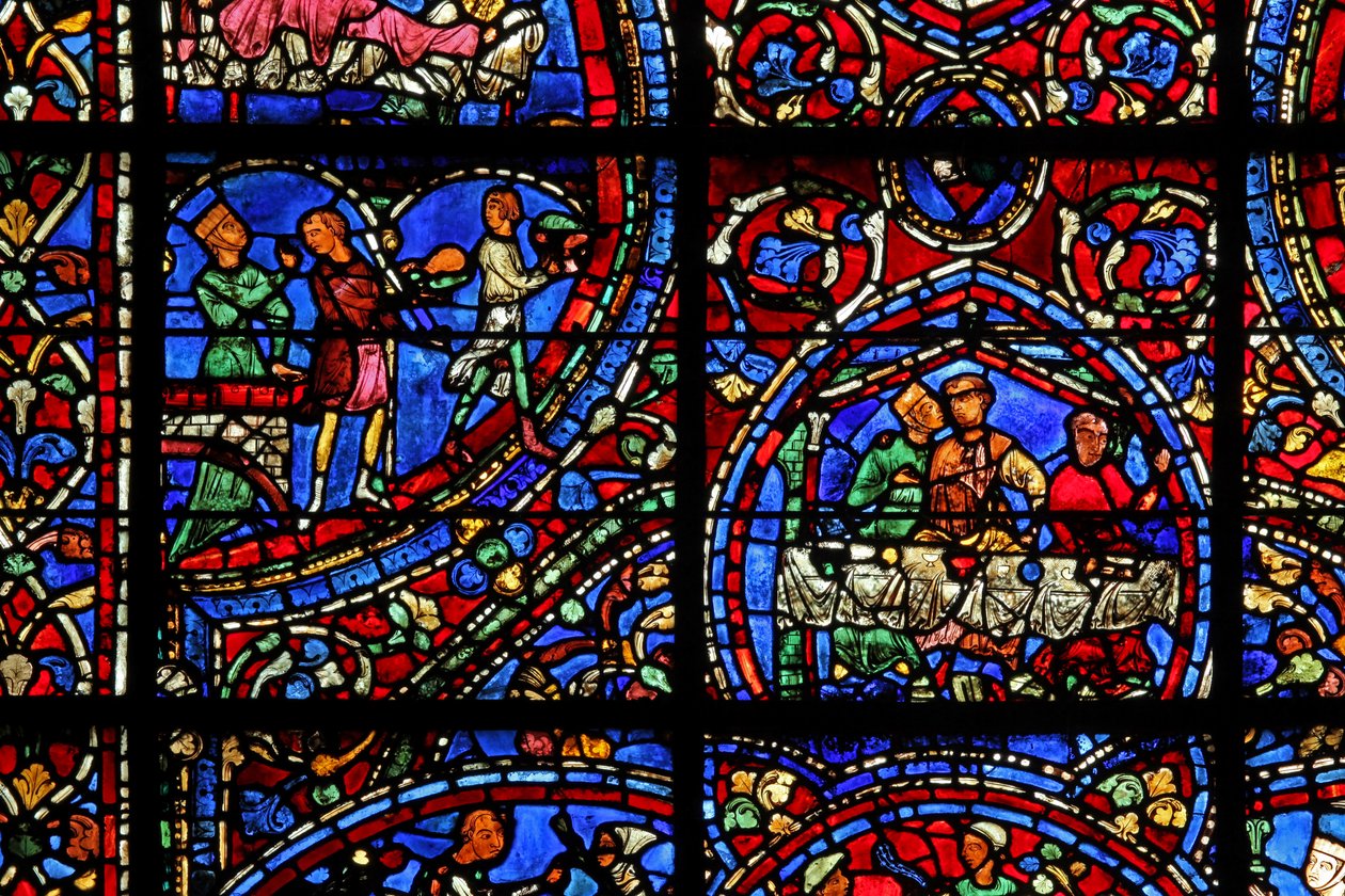 The Prodigal Son-vinduet: kurtisaner organiserer et måltid; han omfavner en av kurtisanene (w35) av French School