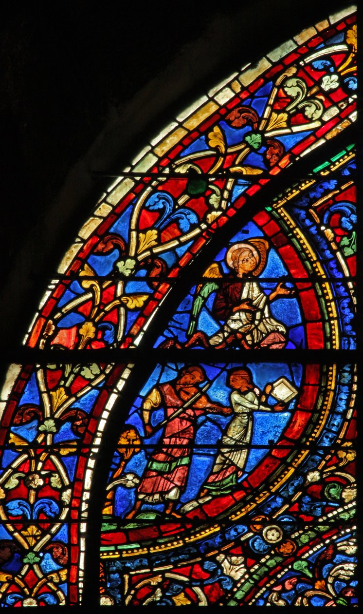 The Prodigal Son-vinduet: musikere på festen; engel (w35) av French School
