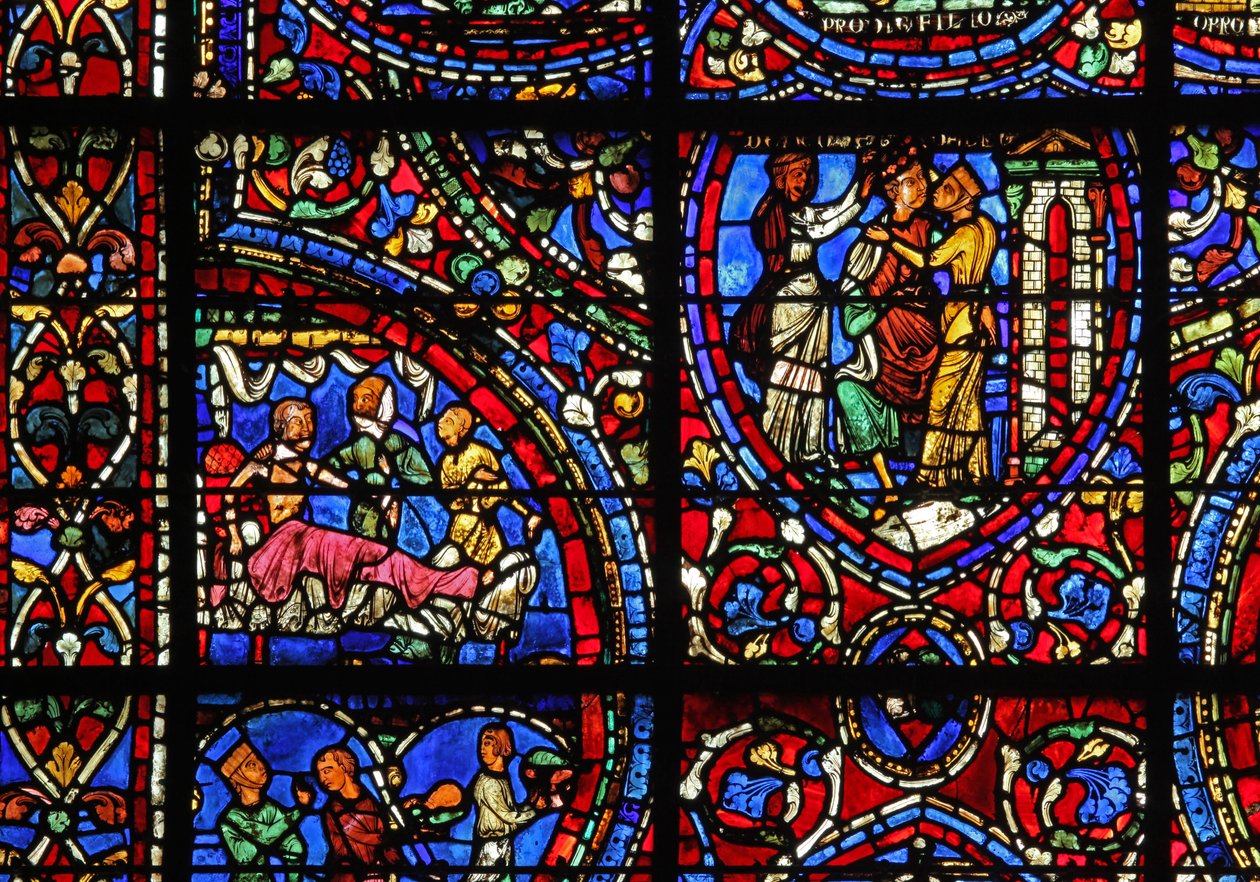 The Prodigal Son-vinduet: besøkt i sengen; kvinner feirer ham (w35) av French School