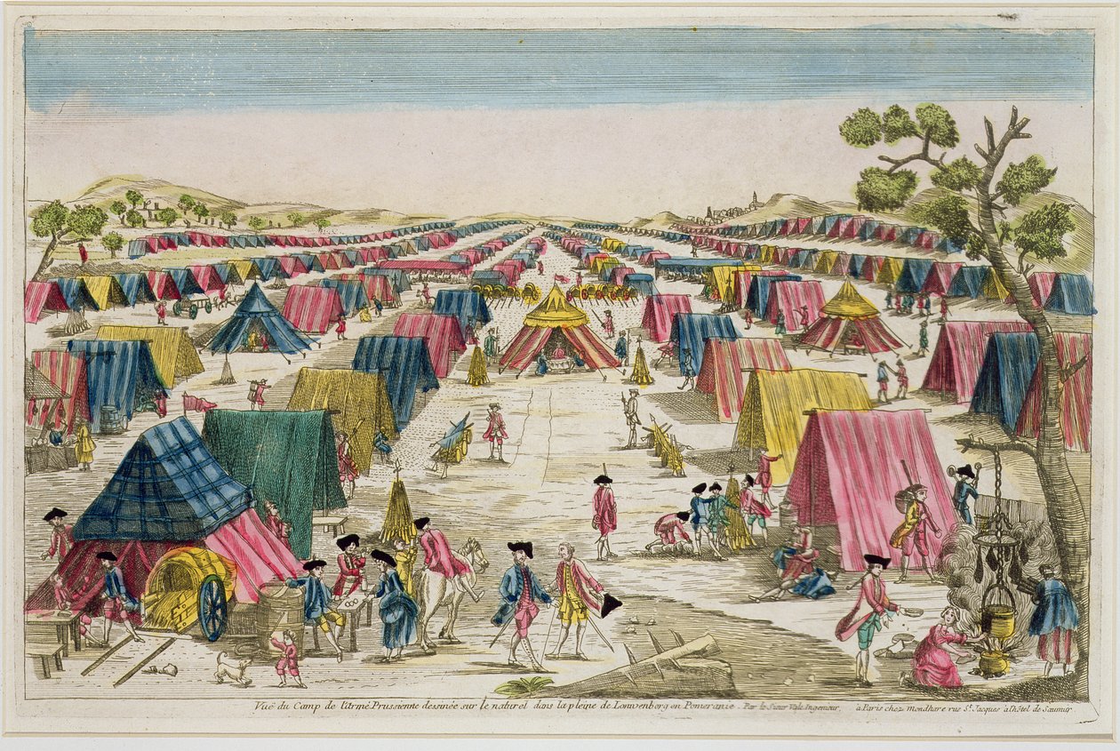 Den prøyssiske hærleiren, tegnet fra livet på markene i Pommern, gravert av Vale, ca. 1750 (håndfarget gravering) av French School