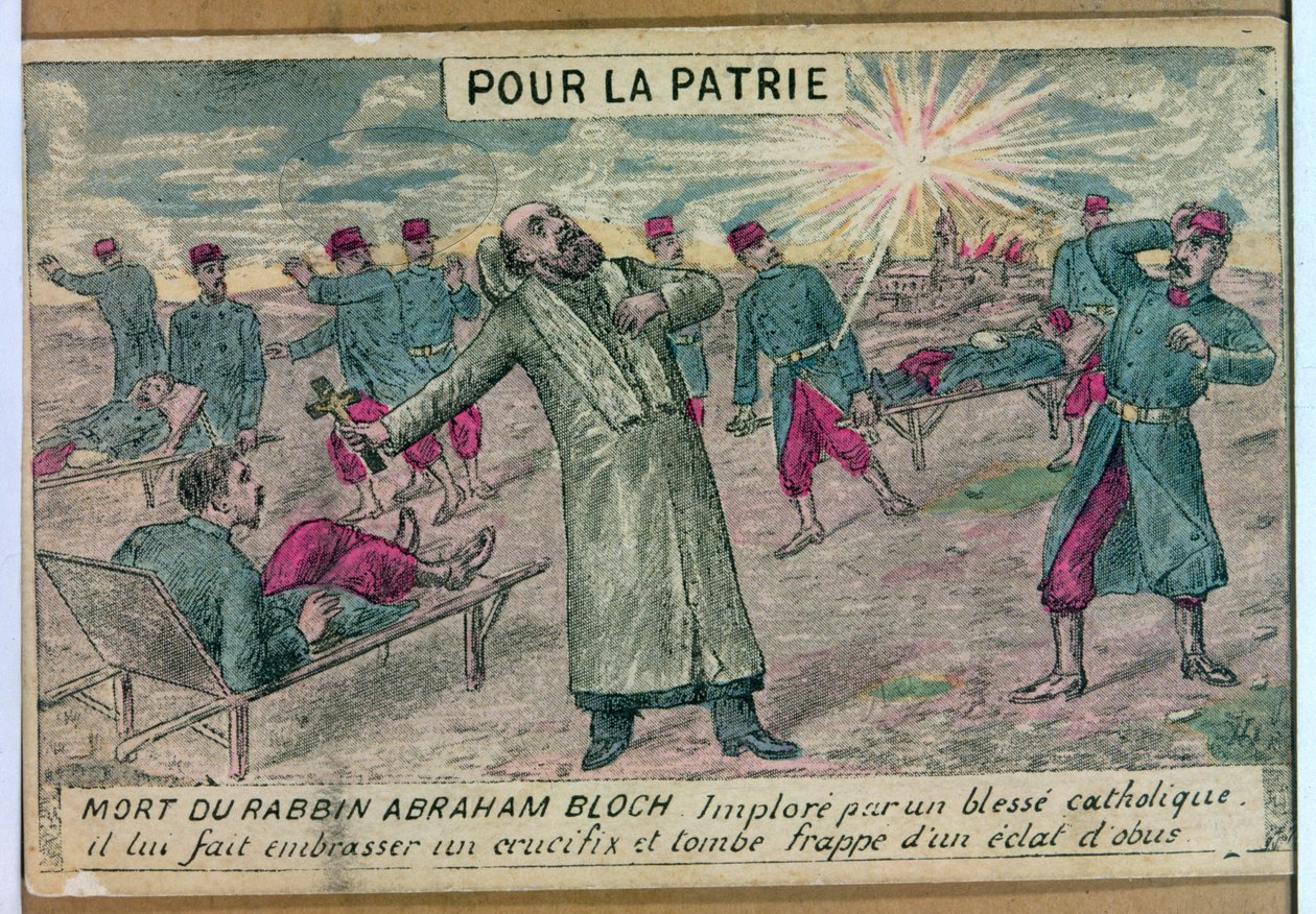 Rabbineren Abraham Bloch tilbyr et krusifiks til en døende katolsk soldat og blir truffet av et granat, 1914-18 av French School