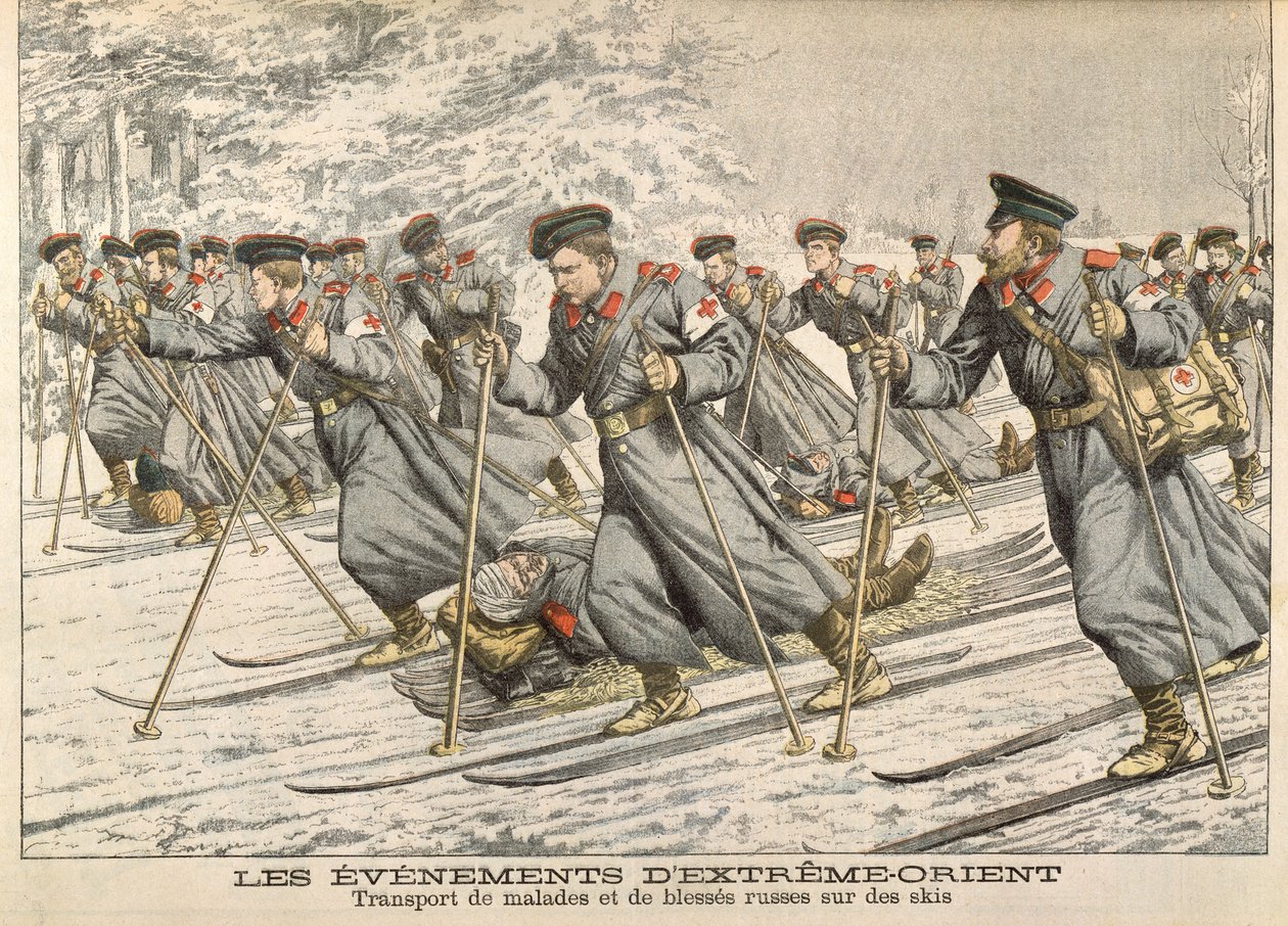 Røde Kors transporterer skadde russere på ski under den russisk-japanske krigen (1904-05) fra Le Petit Journal, ca. 1904 av French School