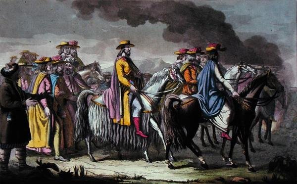 Regent of Tibet og hans tilhengere (akvarell på papir) av French School