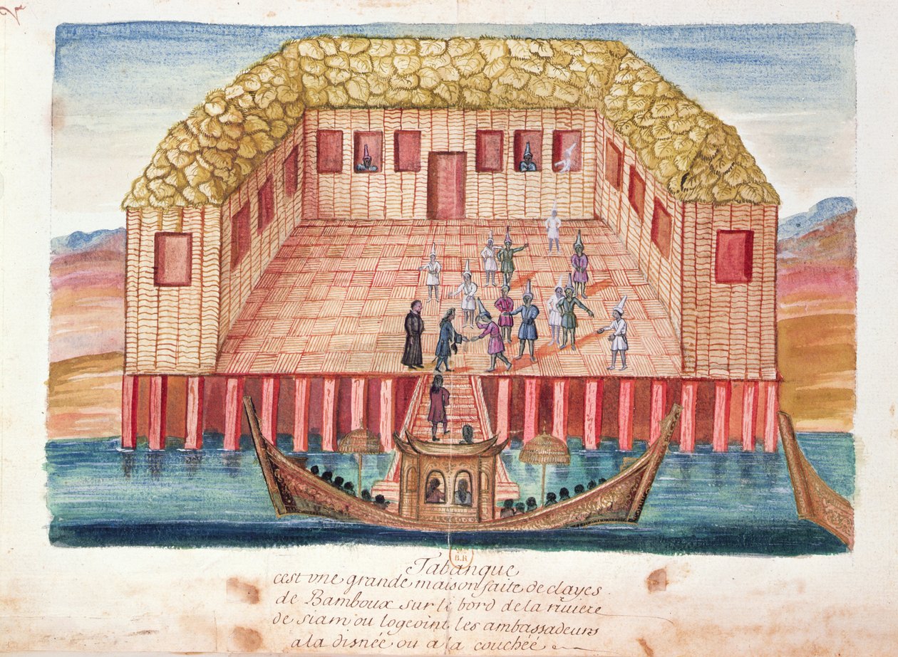 Residensen til de franske ambassadørene i Siam, fra en beretning om jesuittene i Siam, 1688 (wc på papir) av French School