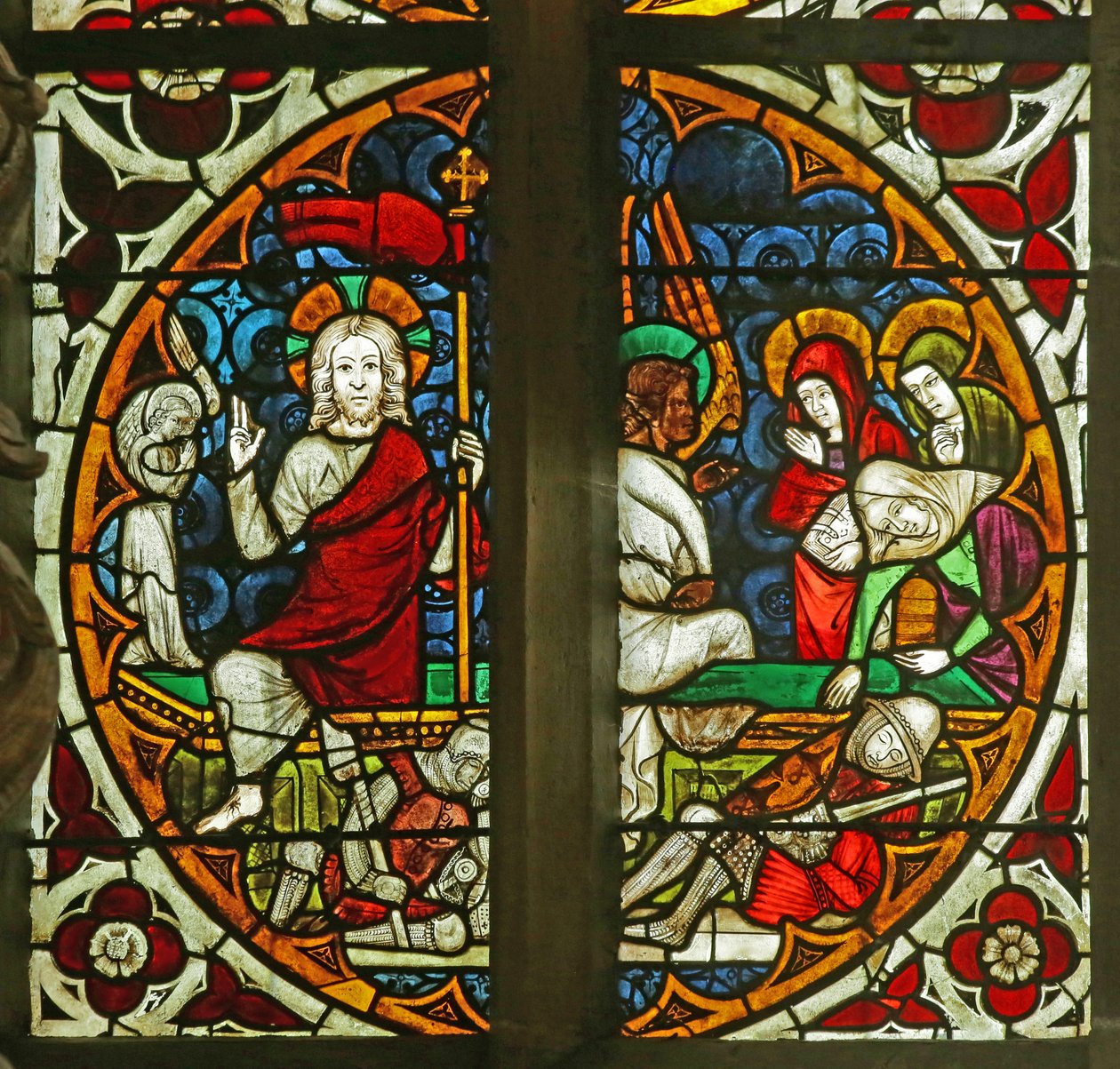 Oppstandelsen og de tre hellige kvinnene ved graven, ca. 1350 (farget glass) av French School