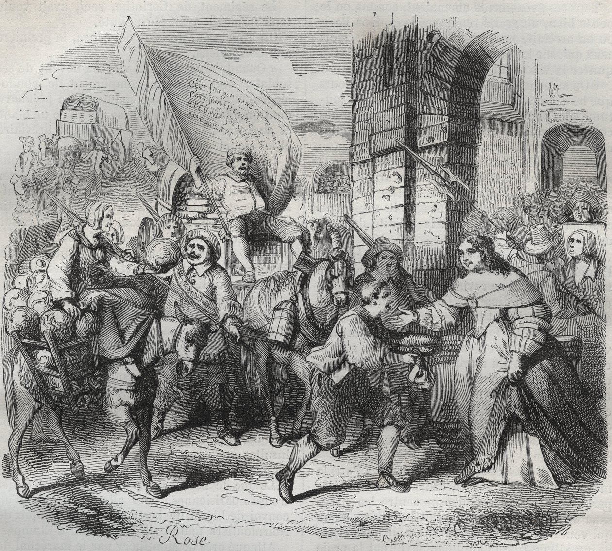 The Return of Gonesse, episode av Fronde: «Lady of Paris» ønsker velkommen til «Lady of Aubervilliers» og «Nouricier Gonesse» som kom for å forsyne henne. Gravering frondeuse 1649 - gravering i "Paris a travers les siecles"" av H. Gourdon de av French School