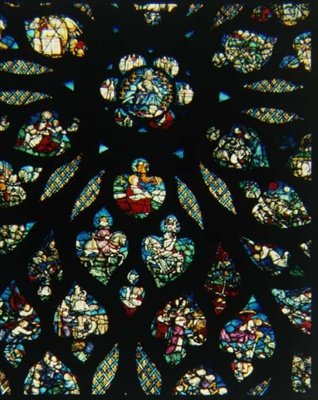 The Revelation of St. John, detalj av rosevinduet (farget glass) av French School