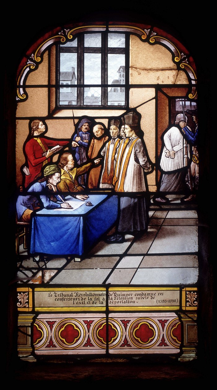 Revolusjonsdomstolen i Quimper dømmer disse trosbekjennerne til internering etterfulgt av eksil og deportasjon (1793-95) - glassmalerier i St Germain Church i Kerlaz av French School