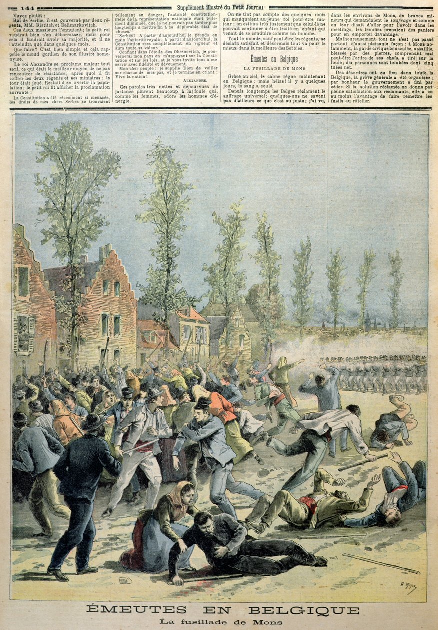 The Riots in Mons, illustrasjon fra Le Petit Journal, mai 1893 av French School