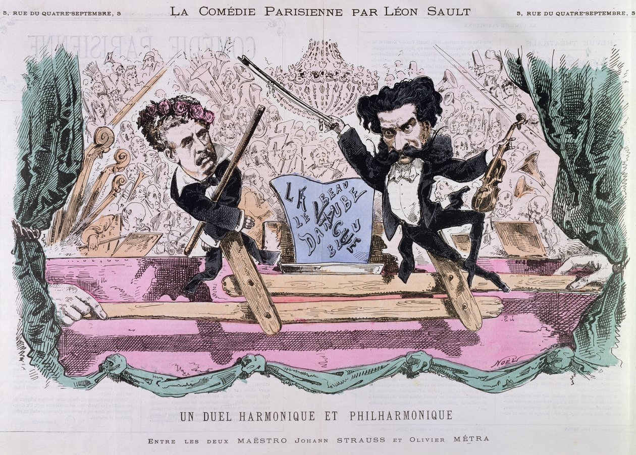 The rivaliserende komponister av valser, Johann Strauss den yngre (1825-99) og Olivier Metra (1830-89), ca. 1870 av French School