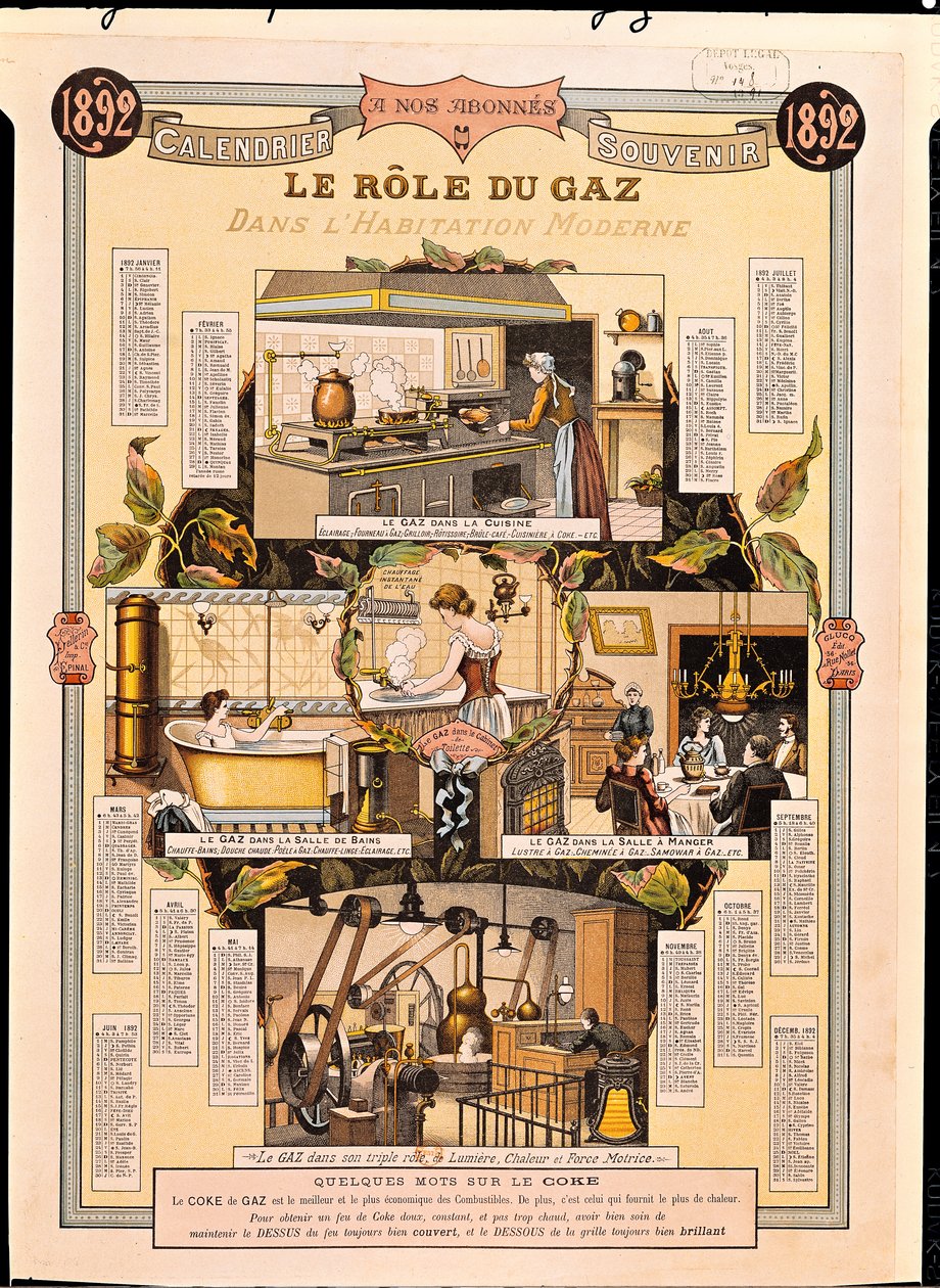 Gassens rolle i moderne hus, fra en French Gas Company-kalender, 1892 av French School