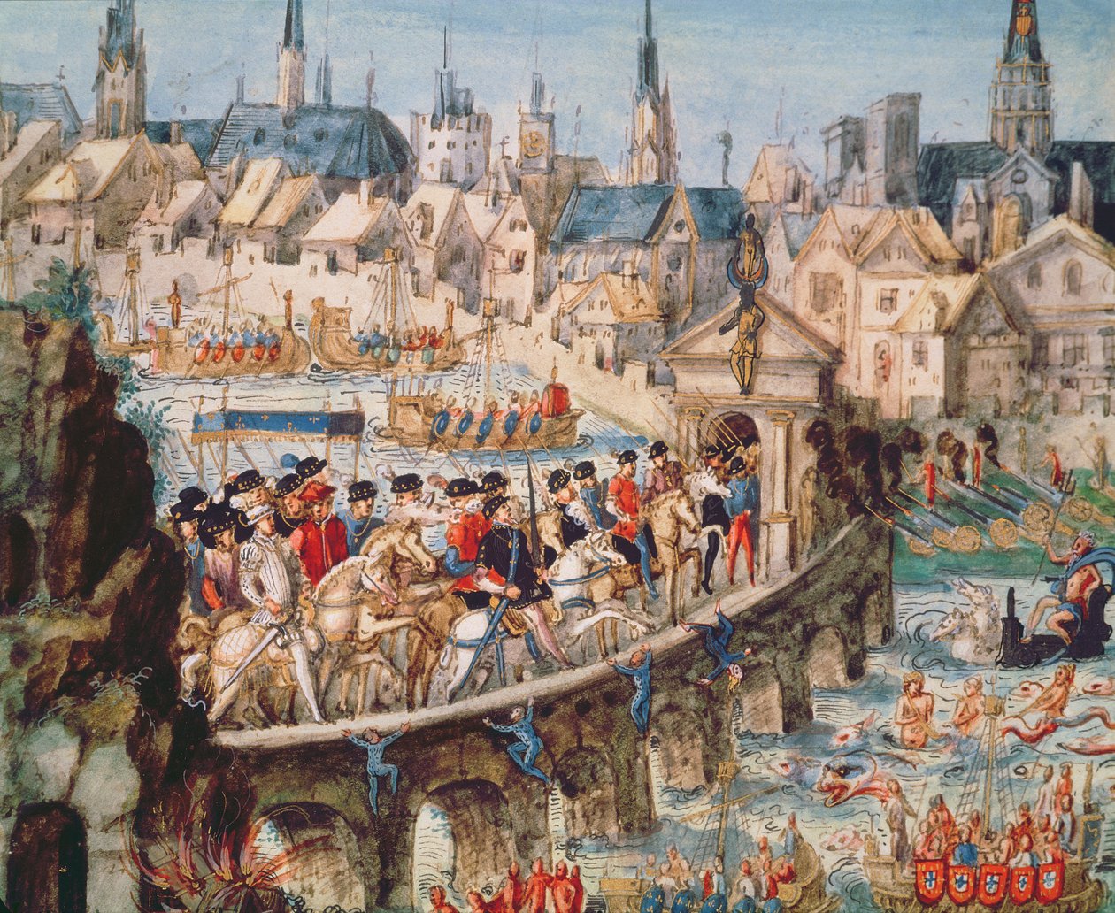 The Royal Entry Festival of Henri II (1519-59) til Rouen, 1. oktober 1550 (penn og blekk og wc på papir) av French School