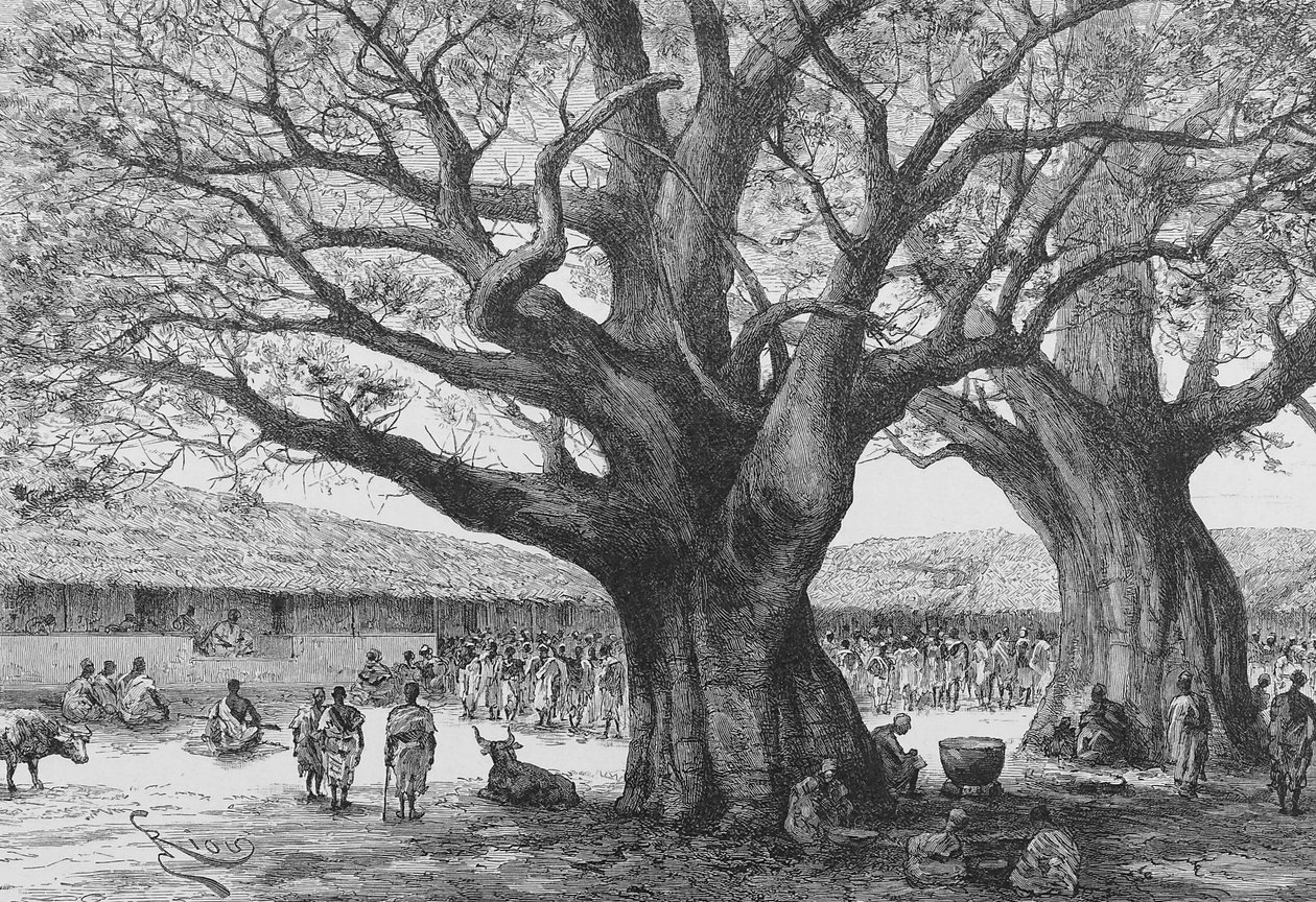 The Royal Residence at Aouabou, illustrasjon fra "Du Niger au Golfe de Guinee...", av Louis Gustave Binger, 1892 av French School