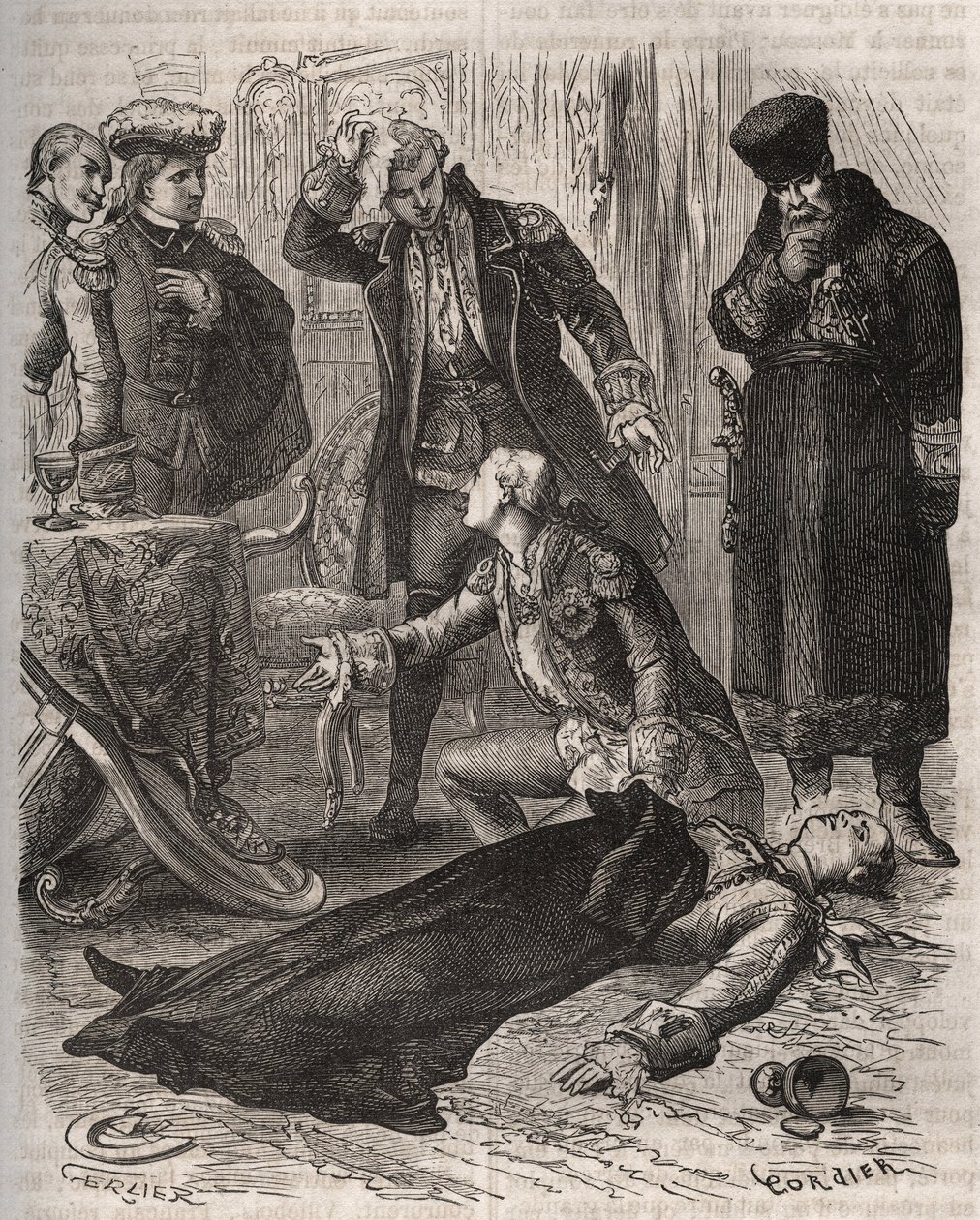 The Russian Emperor Peter III (1728-1762), assigned a residence, was assassinated by order of his wife Catherine II, who had just overthrown him and took power, by Alexei Orlov (1737-1808) and his guards on 17 July 1762. Engraving from 1871 in “Histoire De av French School
